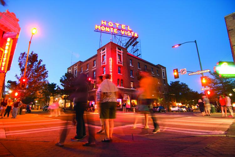 group of people walking downtown