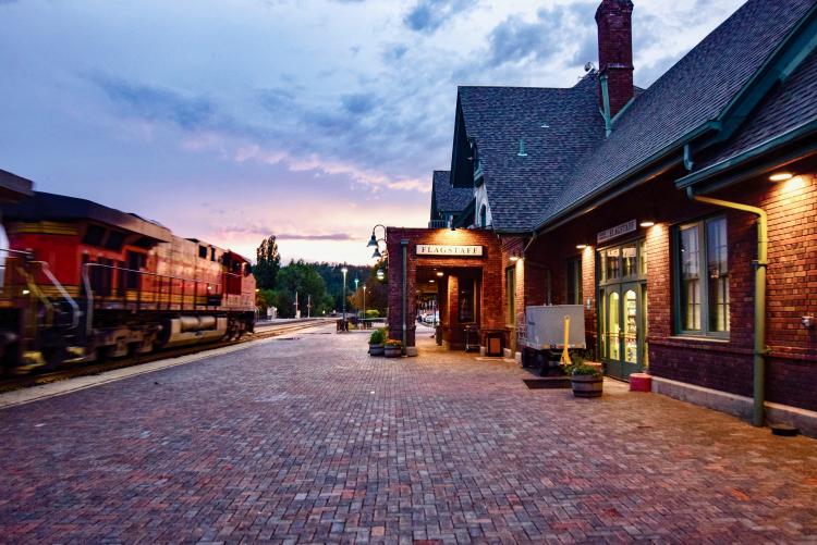 historic train station platform at the train station in Flagstaff, AZ