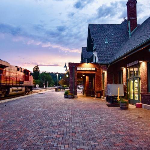 historic train station platform at the train station in Flagstaff, AZ