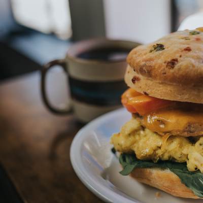 biscuit breakfast sandwich and coffee from Single Speed Cafe, a Flagstaff restaurant