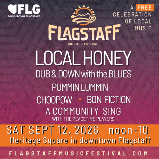 Flagstaff Music Festival logo on a purple background with all the band names listed and the event date, time, and location.