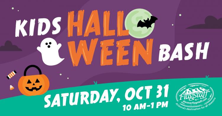 Purple, orange, and teal illustration with a ghost, jacko lantern, moon and bat.
