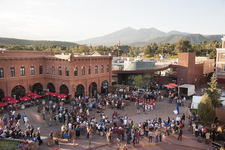 aerial view of people gathering for the Downtown Flagstaff First Friday Art Walk