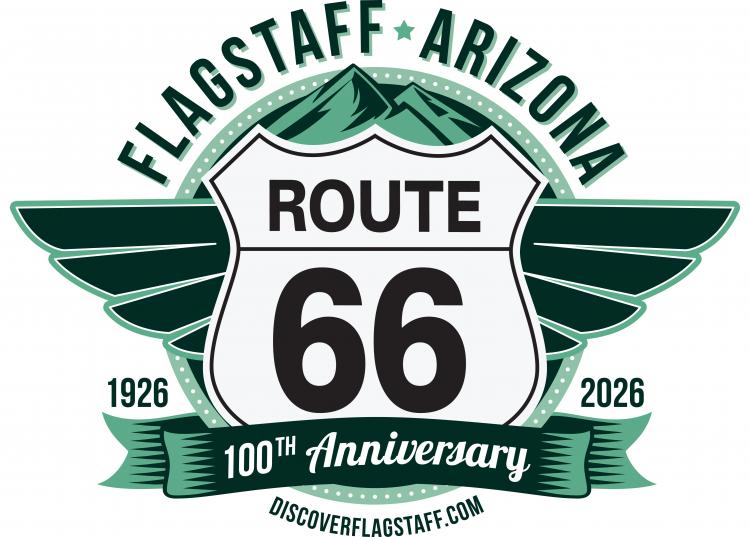 Logo for the Route 66 100th Anniversary featuring the Route 66 sign