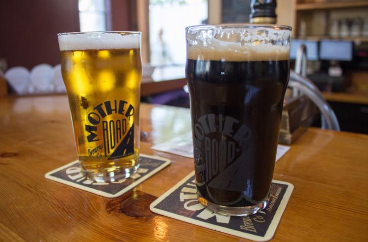 two pints of beer sitting on bar at Mother Road Brewing in Flagstaff, AZ