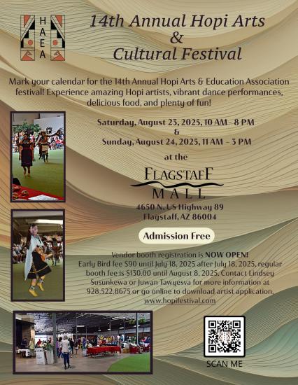 Event poster for the 14th annual Hopi Arts & Cultural Festival in Flagstaff, Arizona