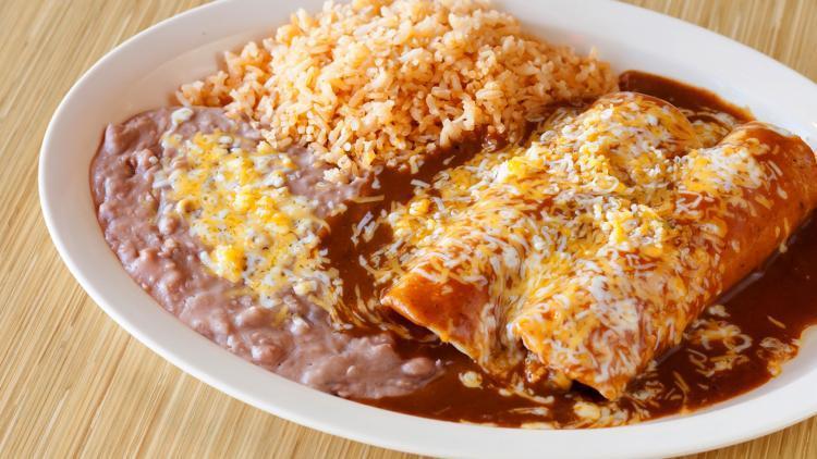 An enchilada plate with red sauce from Las Gorditas Mexican Food