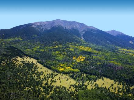 aerial view of humphrey peak on a sunny fall day in Flagstaff, AZ