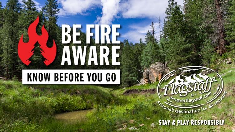 Flagstaff forest with Be Fire Aware logo