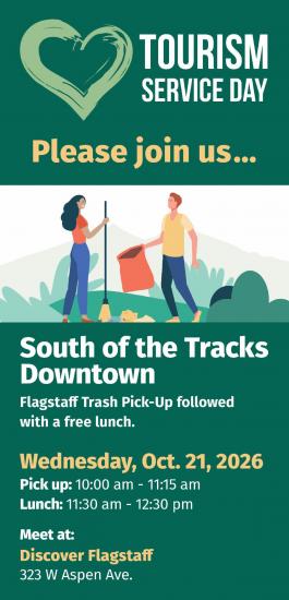 Tourism Service Day heart logo above an illustration of two people picking up trash
