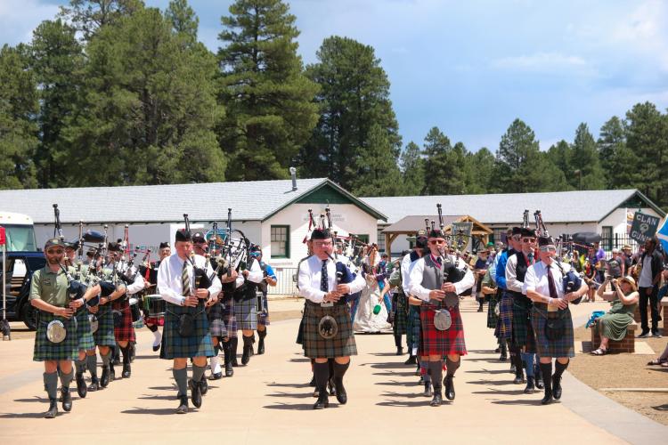 A group of bagpipe performers at the Arizona Highland Celtic Festival.