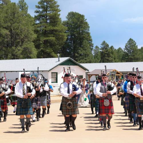 A group of bagpipe performers at the Arizona Highland Celtic Festival.
