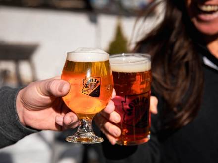Friends make a toast with glasses of beer from a brewery in Flagstaff.