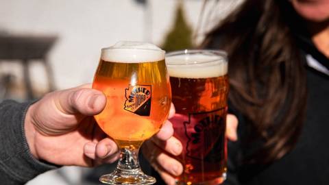 Friends make a toast with glasses of beer from a brewery in Flagstaff.
