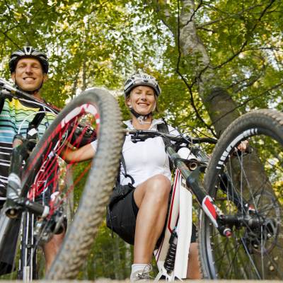 Mountain bikers in the forest