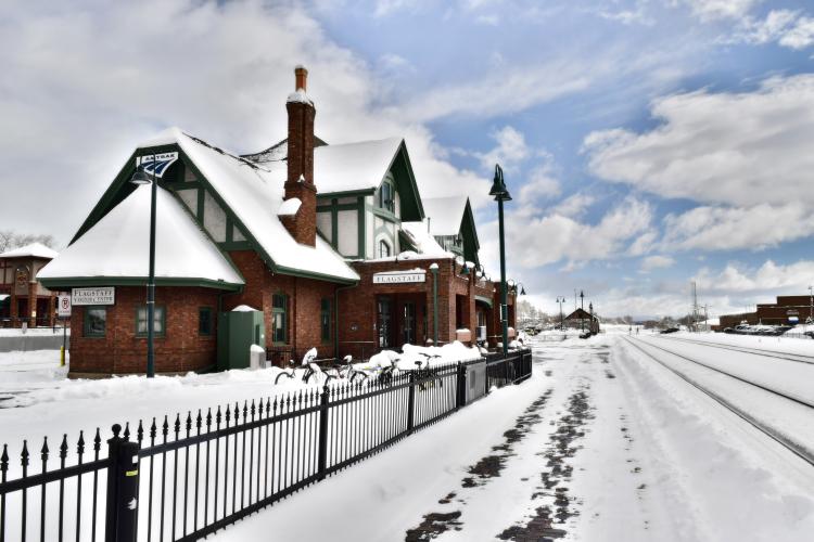 Flagstaff Train Station covered in snow at Christmas