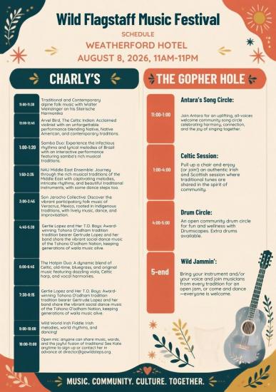 A tan, green, and orange schedule of events for the Saturday festival